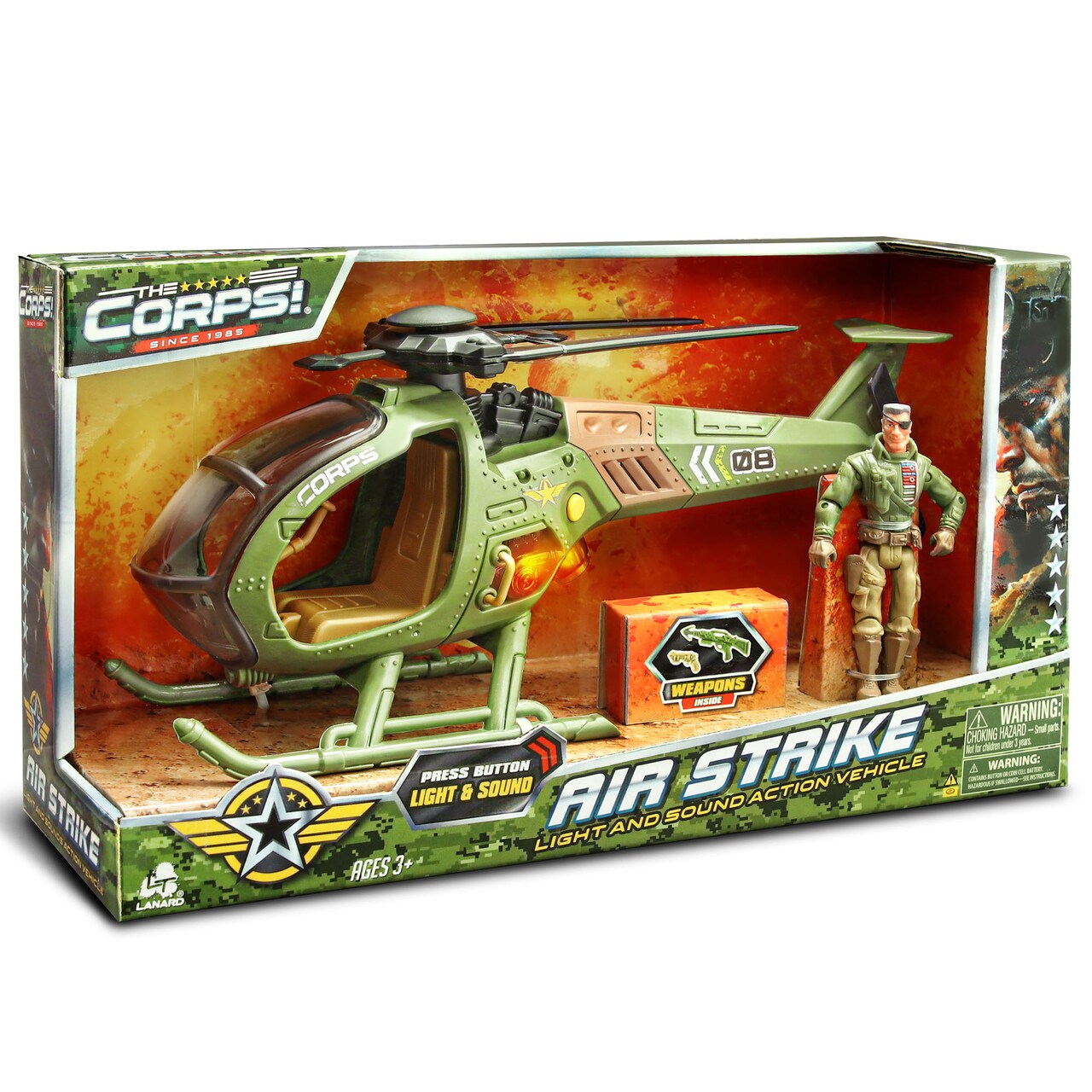 Lanard The Corps! Air Strike - Helicopter - Flashing Light & Realistic Helicopter Sound, Poseable Action Figure Pilot, Military Vehicle Toy, Kids 3+
